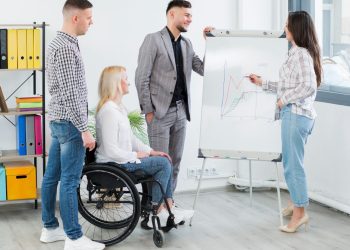 side view woman wheelchair attending presentation work